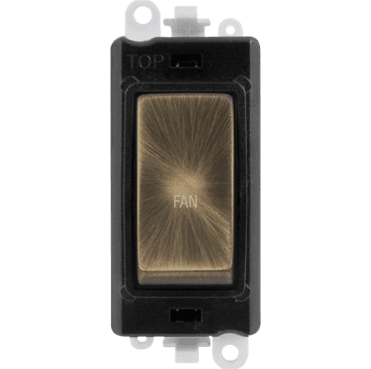 GM2018BKAB-FN 20A DP Switch Module marked "FAN" in Antique Brass