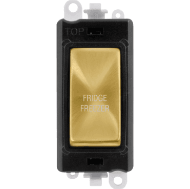 GM2018BKSB-FF 20A DP Switch Module marked "FRIDGE FREEZER" with Black Insert in Satin Brass
