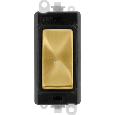 GM2018BKSB-FN 20A DP Switch Module marked "FAN" with Black Insert in Satin Brass