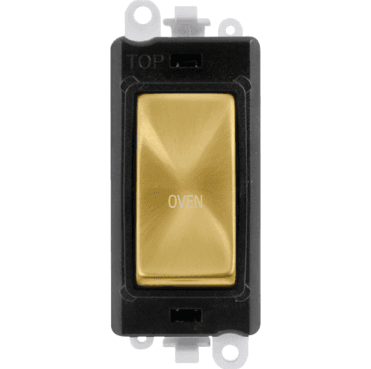 GM2018BKSB-OV 20A DP Switch Module marked "OVEN" with Black Insert in Satin Brass