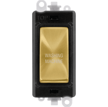 GM2018BKSB-WM 20A DP Switch Module marked "WASHING MACHINE" with Black Insert in Satin Brass