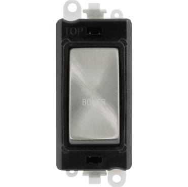 GM2018BKSC-BL 20A DP Switch Module marked "BOILER" with Black Insert in Satin Chrome