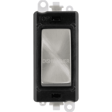GM2018BKSC-DW 20A DP Switch Module marked "DISHWASHER" with Black Insert in Satin Chrome