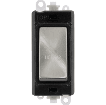 GM2018BKSC-HT 20A DP Switch Module marked "HOT TAP" with Black Insert in Satin Chrome
