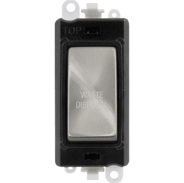 GM2018BKSC-WD 20A DP Switch Module marked "WASTE DISPOSAL" with Black Insert in Satin Chrome