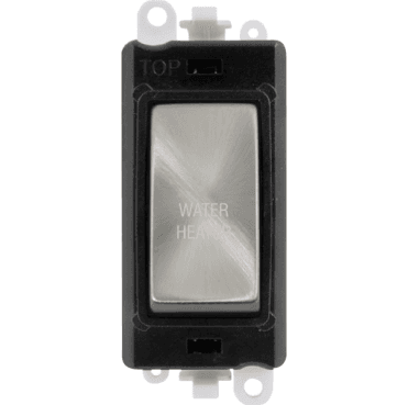 GM2018BKSC-WH 20A DP Switch Module marked "WATER HEATER" with Black Insert in Satin Chrome