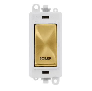 GM2018PWSB-BL 20A DP Switch Module marked "BOILER" with White Insert in Satin Brass