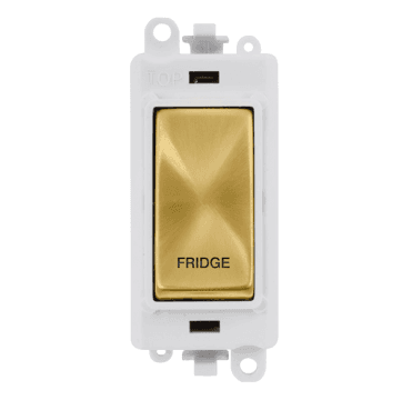 GM2018PWSB-FD 20A DP Switch Module marked "FRIDGE" with White Insert in Satin Brass