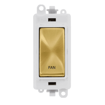 GM2018PWSB-FN 20A DP Switch Module marked "FAN" with White Insert in Satin Brass