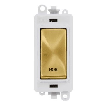 GM2018PWSB-HB 20A DP Switch Module marked "HOB" with White Insert in Satin Brass