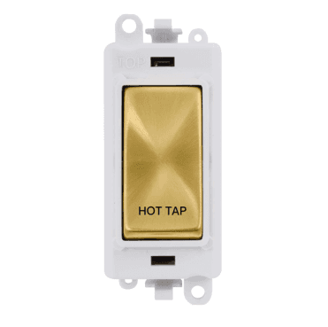 GM2018PWSB-HT 20A DP Switch Module marked "HOT TAP" with White Insert in Satin Brass