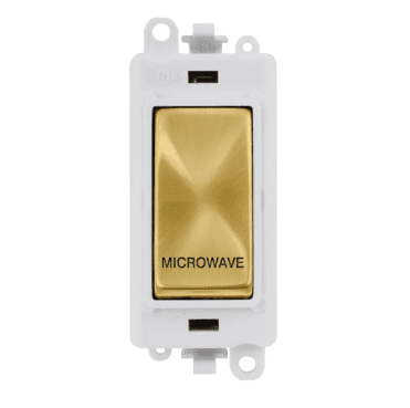 GM2018PWSB-MW 20A DP Switch Module marked "MICROWAVE" with White Insert in Satin Brass