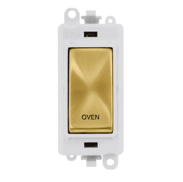 GM2018PWSB-OV 20A DP Switch Module marked "OVEN" with White Insert in Satin Brass