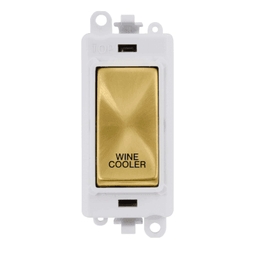GM2018PWSB-WC 20A DP Switch Module marked "WINE COOLER" with White Insert in Satin Brass