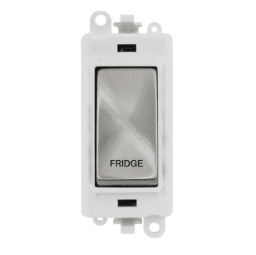 GM2018PWSC-FD 20A DP Switch Module marked "FRIDGE" with White Insert in Satin Chrome