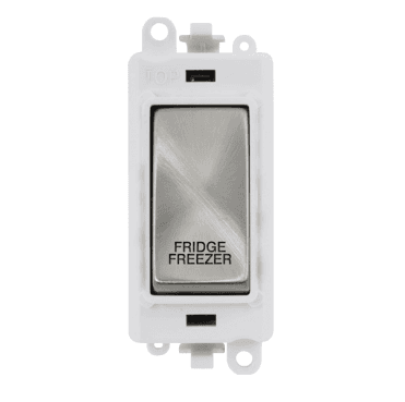 GM2018PWSC-FF 20A DP Switch Module marked "FRIDGE FREEZER" with White Insert in Satin Chrome