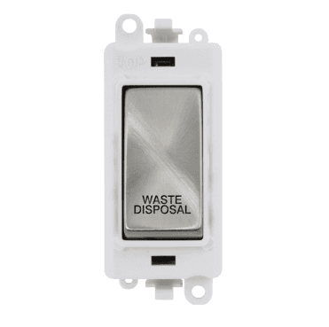 GM2018PWSC-WD 20A DP Switch Module marked "WASTE DISPOSAL" with White Insert in Satin Chrome