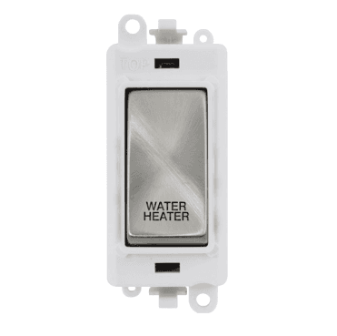GM2018PWSC-WH 20A DP Switch Module marked "WATER HEATER" with White Insert in Satin Chrome