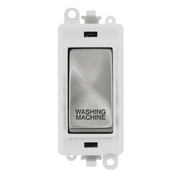 GM2018PWSC-WM 20A DP Switch Module marked "WASHING MACHINE" with White Insert in Satin Chrome