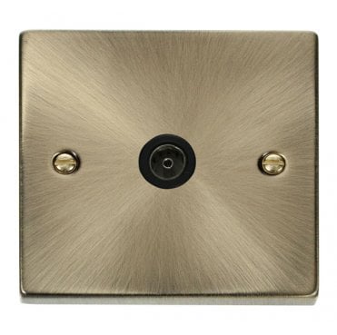 VPAB065BK Decorative Single Coaxial Outlet with Black Insert in Antique Brass