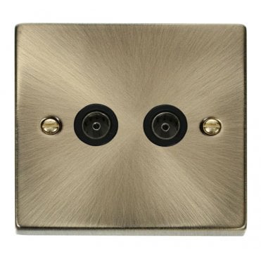 VPAB066BK Decorative Twin Coaxial Outlet with Black Insert in Antique Brass
