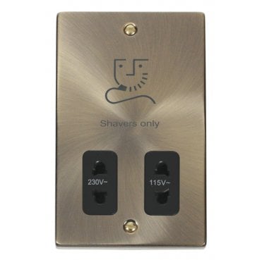 VPAB100BK Decorative Dual Voltage Shaver Socket with Black Insert in Antique Brass