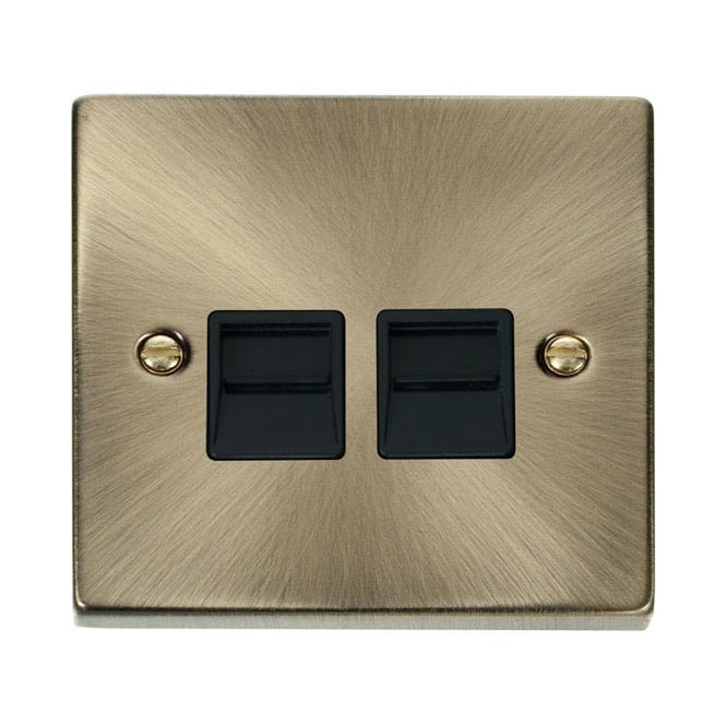 Click Switches and Sockets VPAB126BK Decorative Twin Telephone Secondary Outlet with Black Insert in Antique Brass