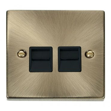 VPAB126BK Decorative Twin Telephone Secondary Outlet with Black Insert in Antique Brass
