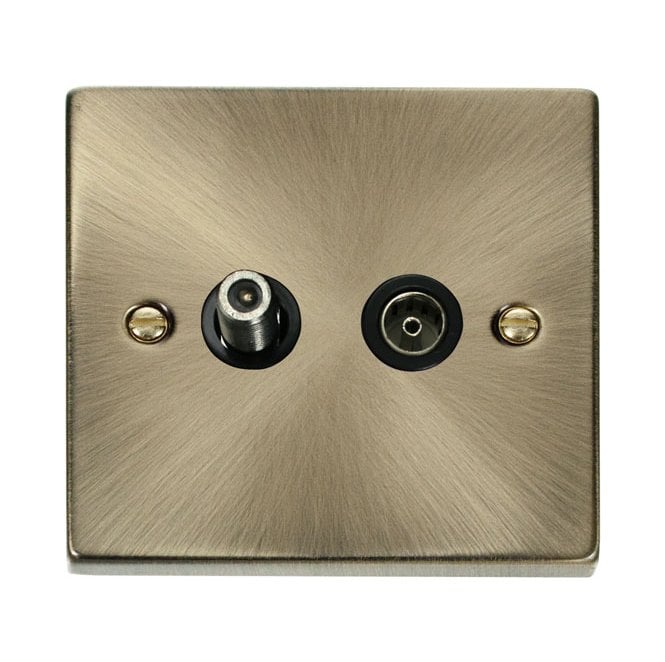Click Switches and Sockets VPAB157BK Decorative Isolated Satellite and Isolated Coaxial Outlet with Black Insert in Antique Brass