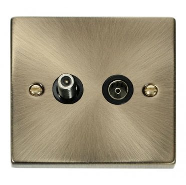 VPAB157BK Decorative Isolated Satellite and Isolated Coaxial Outlet with Black Insert in Antique Brass
