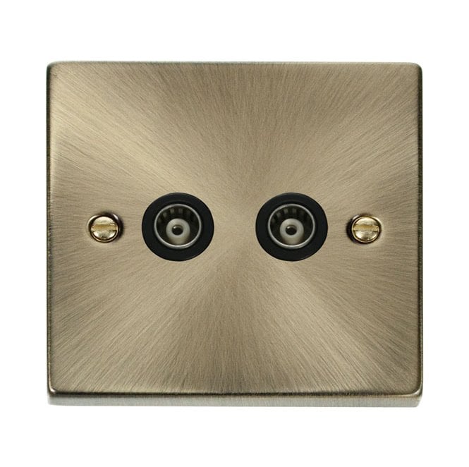 Click Switches and Sockets VPAB159BK Decorative Twin Isolated Coaxial Outlet with Black Insert in Antique Brass