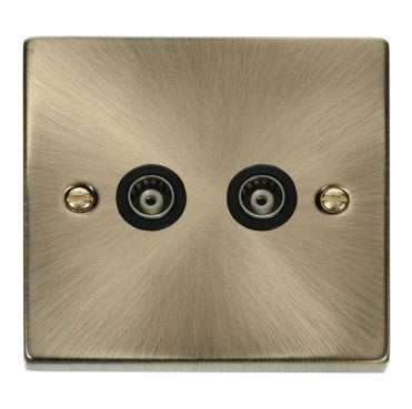 VPAB159BK Decorative Twin Isolated Coaxial Outlet with Black Insert in Antique Brass
