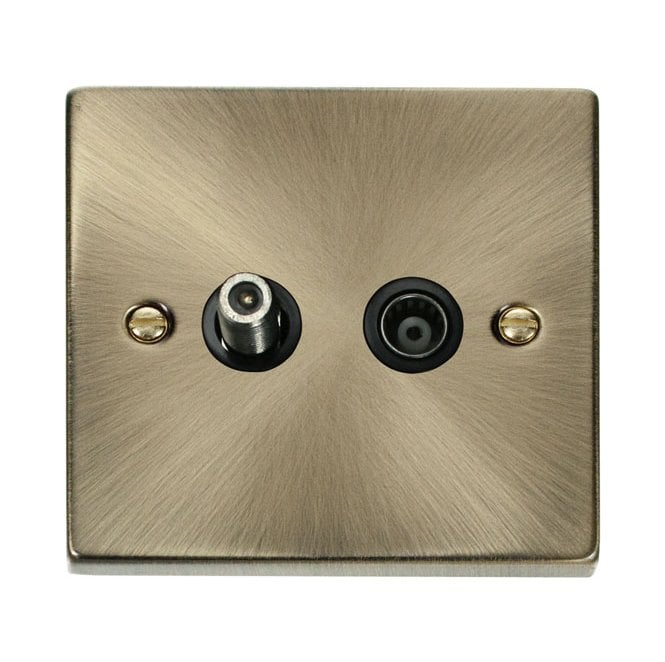 Click Switches and Sockets VPAB170BK Decorative Non Isolated Satellite and Non Isolated Coaxial Outlet with Black Insert in Antique Brass