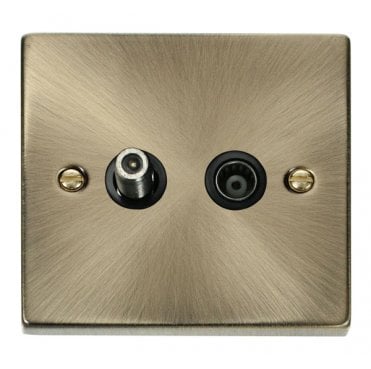 VPAB170BK Decorative Non Isolated Satellite and Non Isolated Coaxial Outlet with Black Insert in Antique Brass