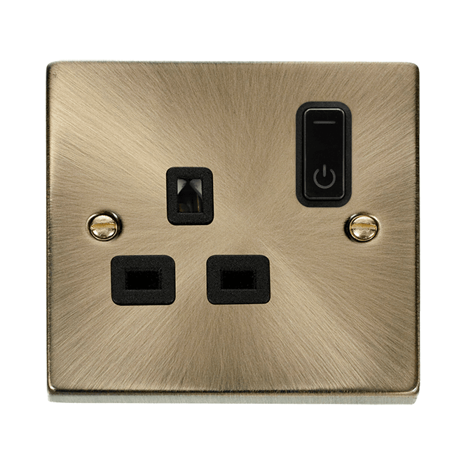 Click Switches and Sockets VPAB30535BK Decorative Single Ingot Smart Switched Socket with Black Insert in Antique Brass