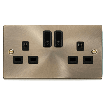 VPAB30536BK Decorative Double Ingot Smart Switched Socket with Black Insert in Antique Brass