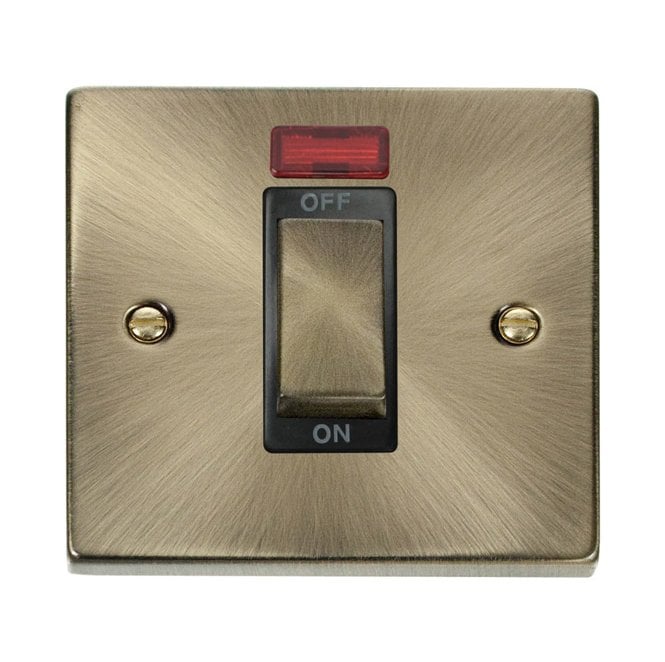 Click Switches and Sockets VPAB501BK Decorative 45A 1G Ingot DP Switch with Neon with Black Insert in Antique Brass