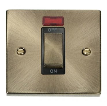 VPAB501BK Decorative 45A 1G Ingot DP Switch with Neon with Black Insert in Antique Brass