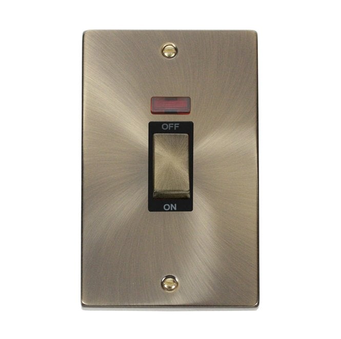 Click Switches and Sockets VPAB503BK Decorative 45A 2G Ingot DP Switch with Neon with Black Insert in Antique Brass