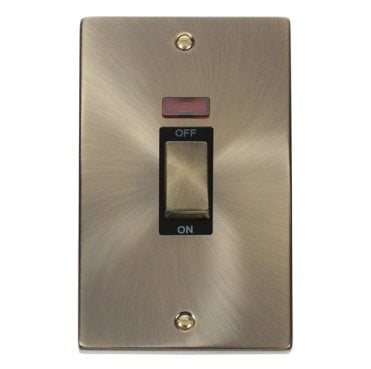 VPAB503BK Decorative 45A 2G Ingot DP Switch with Neon with Black Insert in Antique Brass