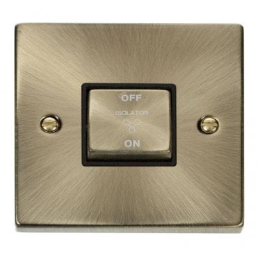 VPAB520BK Decorative 3 Pole Ingot Fan Isolator Switch with Black Insert in Antique Brass