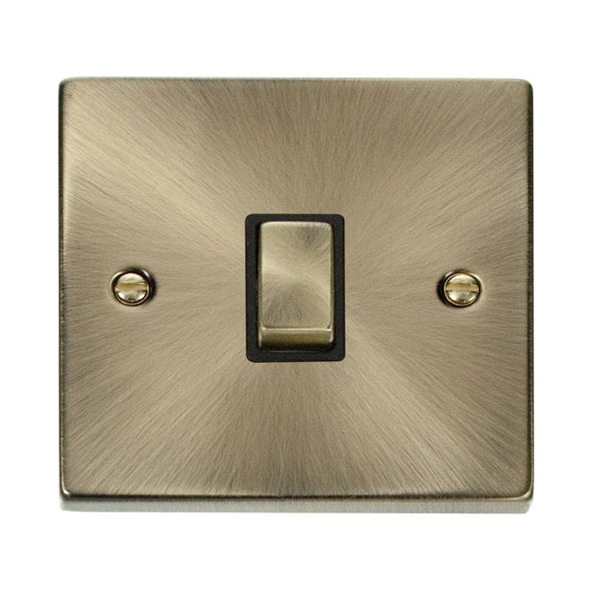 Click Switches and Sockets VPAB722BK Decorative 20A 1G Ingot DP Switch with Black Inserts in Antique Brass