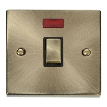 VPAB723BK Decorative 20A 1G Ingot DP Switch with Neon with Black Insert in Antique Brass