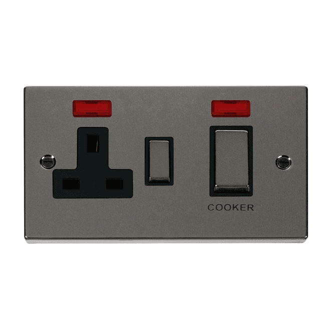 Click Switches and Sockets VPBN505BK Decorative 45A Ingot DP Cooker Switch with Neon and 13A Switched Socket with Black Inseret in Black Nickel