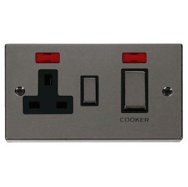 VPBN505BK Decorative 45A Ingot DP Cooker Switch with Neon and 13A Switched Socket with Black Inseret in Black Nickel