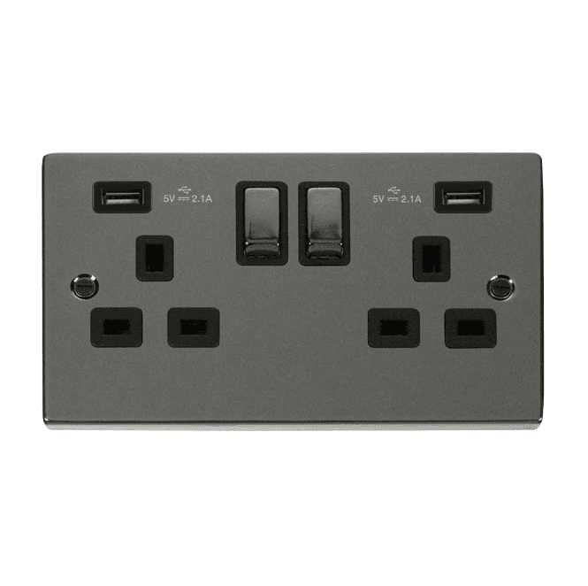 Click Switches and Sockets VPBN580BK Decorative Double Ingot Switched Socket with Dual USB Slots (4.2A) with Black Inserts in Black Nickel