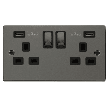 VPBN580BK Decorative Double Ingot Switched Socket with Dual USB Slots (4.2A) with Black Inserts in Black Nickel