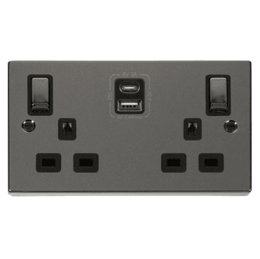 VPBN586BK Decorative Double Ingot Switched Socket with Dual USB SLOTS (4.2A) A+C with Black Inserts in Black Nickel
