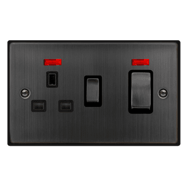 VPBZ505BK Decorative 45A Ingot DP Cooker Switch with Neon and 13A Switched Socket with Black Insert in Matt Bronze