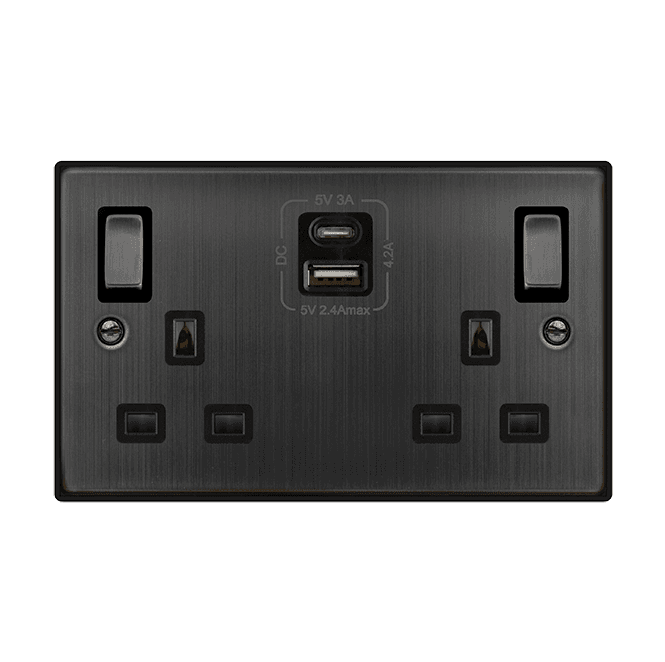 Click Switches and Sockets VPBZ586BK Decorative Double Ingot Switched Socket with Dual USB Slots (4.2A) A+C with Black Inserts  in Black Nickel